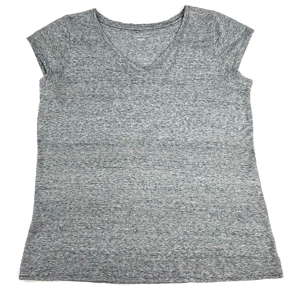 Eileen Fisher Heather Gray Womens Medium Blouse Top V Neck Cap Sleeve Hemp Blend